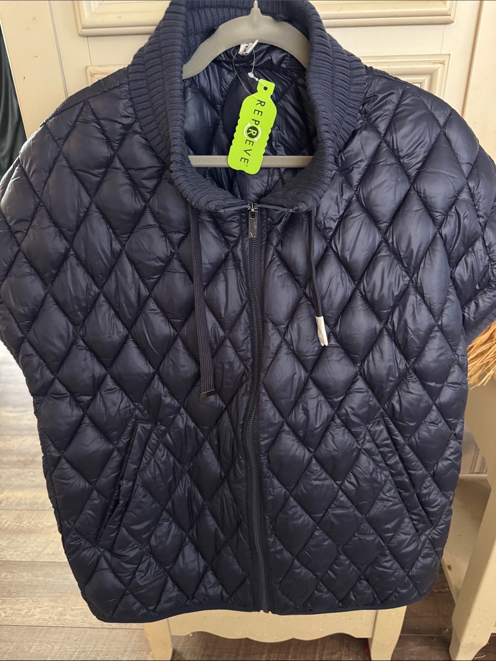 Martha Stewart Navy Quilted Diamond Puffer Jacket with Ribbed Collar